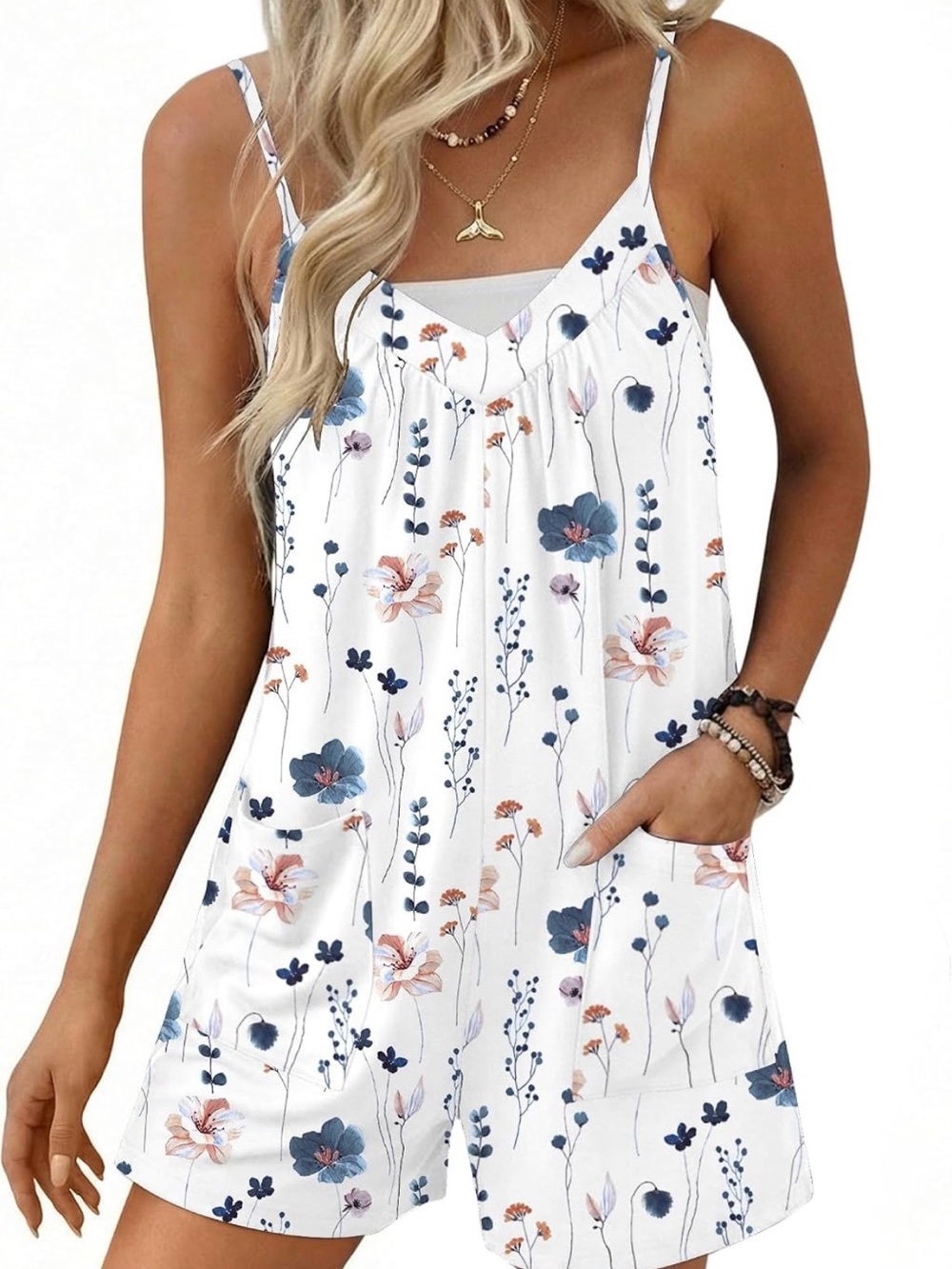 White Floral Spaghetti Strap Romper